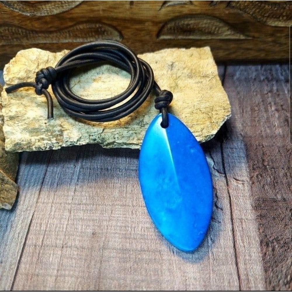 Turquoise Blue Howlite Stone Leather Necklace Statement Pendant